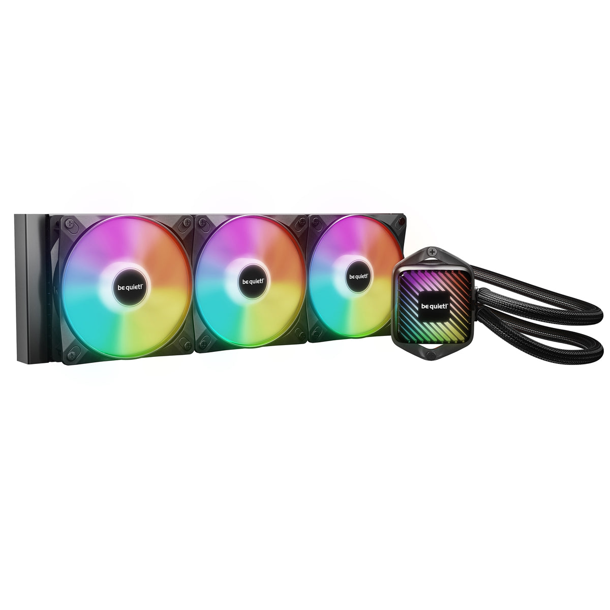 Three rainbow-colored fans with a cable on a white background